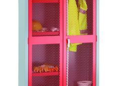Cabinet - Mesh Hinged Doors. Red Doors. 1 Shelf. H915 x W915 x D459mm