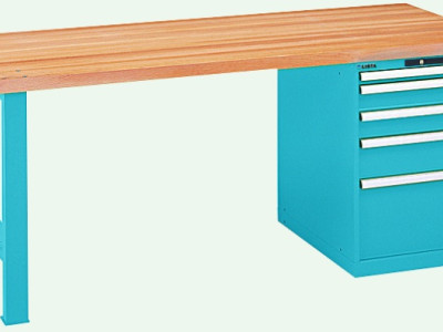 Workbench - 1 Leg & Drawer Cabinet. Beech Top. L2000 x D800 x H850mm