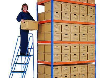 Archive Storage - 70 Box Double Depth Bay - H2109 x D915mm. Blue/Orange