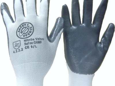 Gloves Nitrile Palm Coated. White Polyester Liner. Size 9 Grey