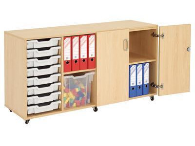 Wooden Storage Unit - Beech with 8 Grey Trays. H754 x W1353 x D480mm