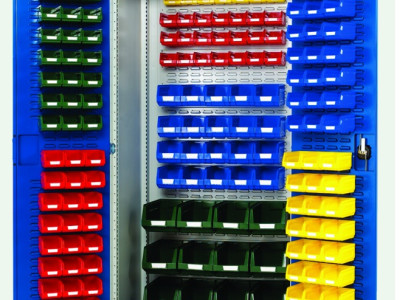 Heavy Duty Cupboard w Louvre Doors & 150 Bins. W1050 x H2000 x D650mm