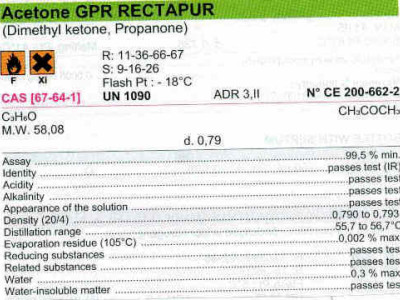 Acetone GPR Rectapur Plastic Bottle 2.5L