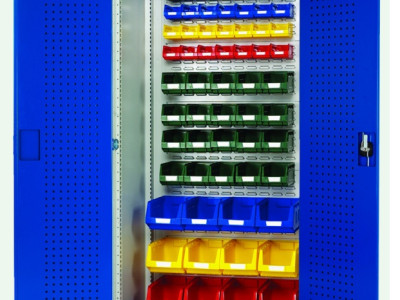 Heavy Duty Cupboard w Perfo Doors & 60 Bins. W1050 x H2000 x D650mm