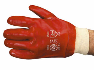 Glove Gauntlet PVC Knitted Wrist. Size 10 Red