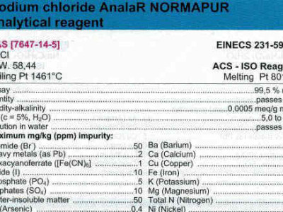 Sodium Chloride Normapur Ar Analytical Reagent 500 G