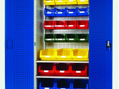 Heavy Duty Cupboard w 3 Shelves, Perfo Doors & 25 Bins. W1050 x H2000 x D650mm