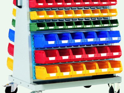 Perfo Trolley w Storage Bins - 108 Bins & 4 Louvre Panels. H1200x W1000x D650mm